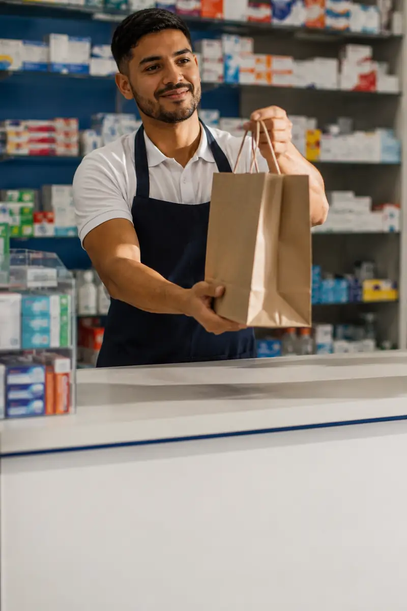 Farmacêutico entregando uma sacola por cima do balcão